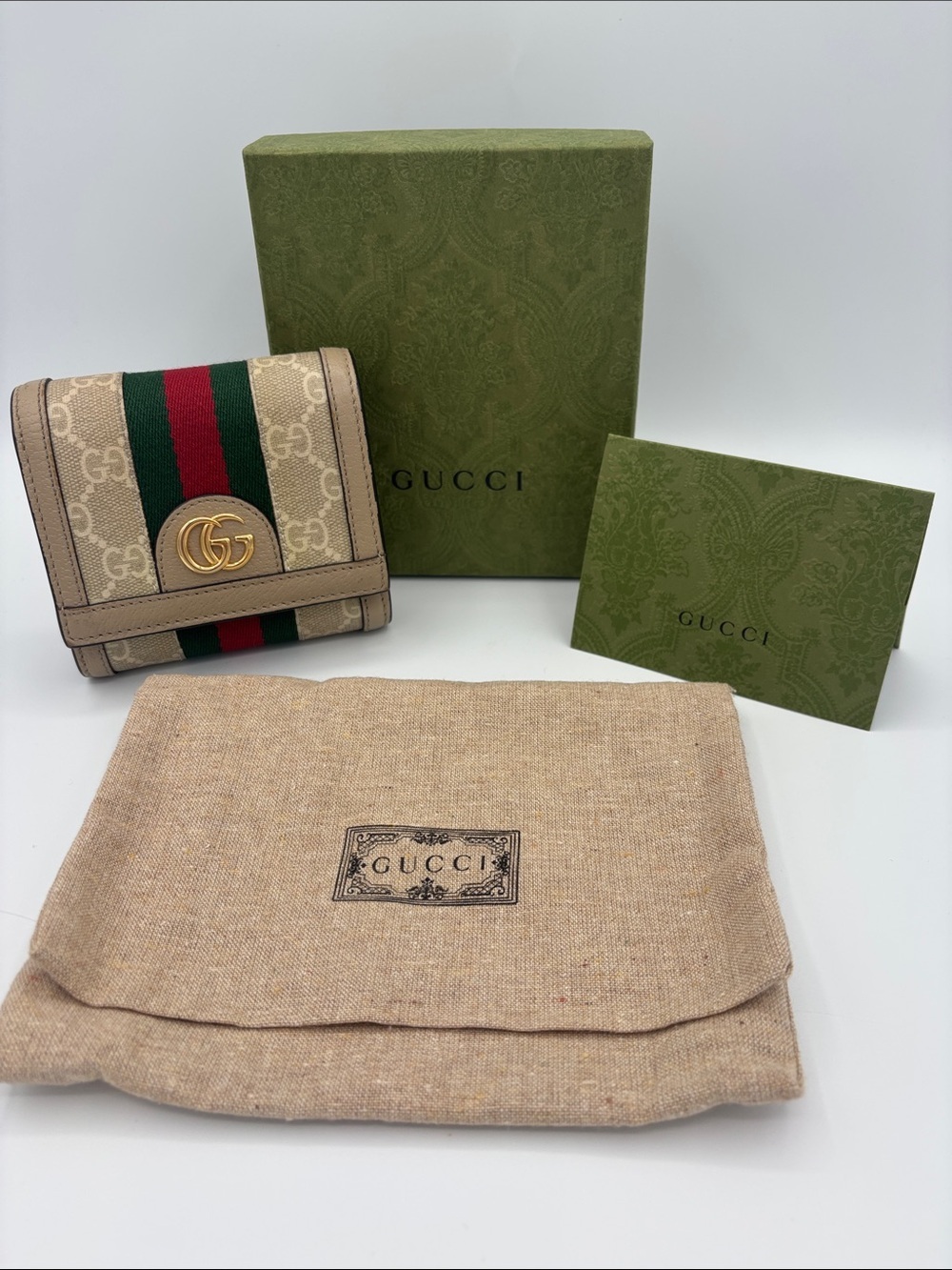 Gucci Ophidia GG Supreme Bifold Wallet- Beige/White with Green-Red Web Stripe